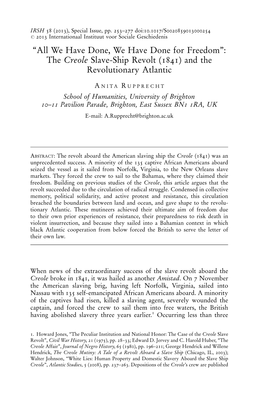 ''All We Have Done, We Have Done for Freedom'': the Creole Slave-Ship Revolt (1841) and the Revolutionary Atlantic