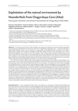 Exploitation of the Natural Environment by Neanderthals from Chagyrskaya Cave (Altai) Nutzung Der Natürlichen Umwelt Durch Neandertaler Der Chagyrskaya-Höhle (Altai)