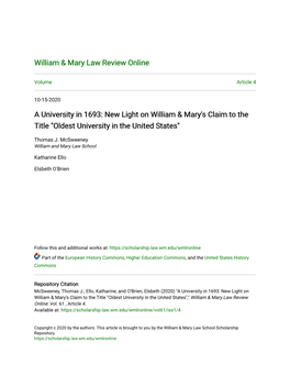 A University in 1693: New Light on William & Mary's Claim to the Title