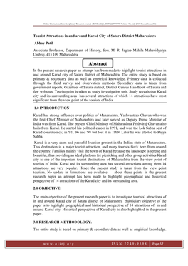 Abstract in the Present Research Paper an Attempt Has Been Made to Highlight Tourist Attractions in and Around Karad City of Satara District of Maharashtra