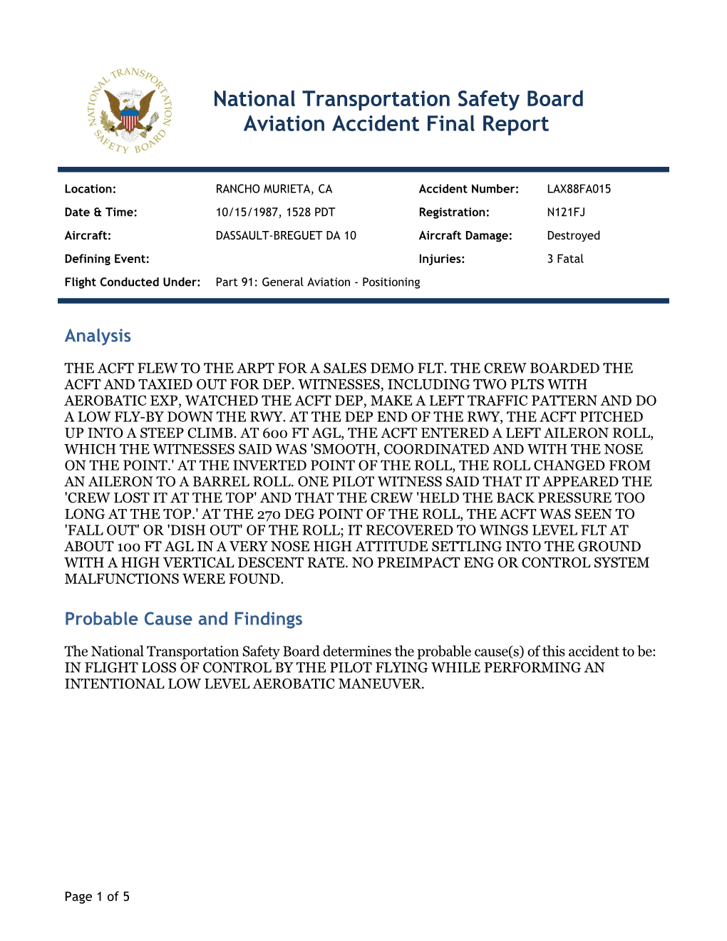 National Transportation Safety Board Aviation Accident Final Report