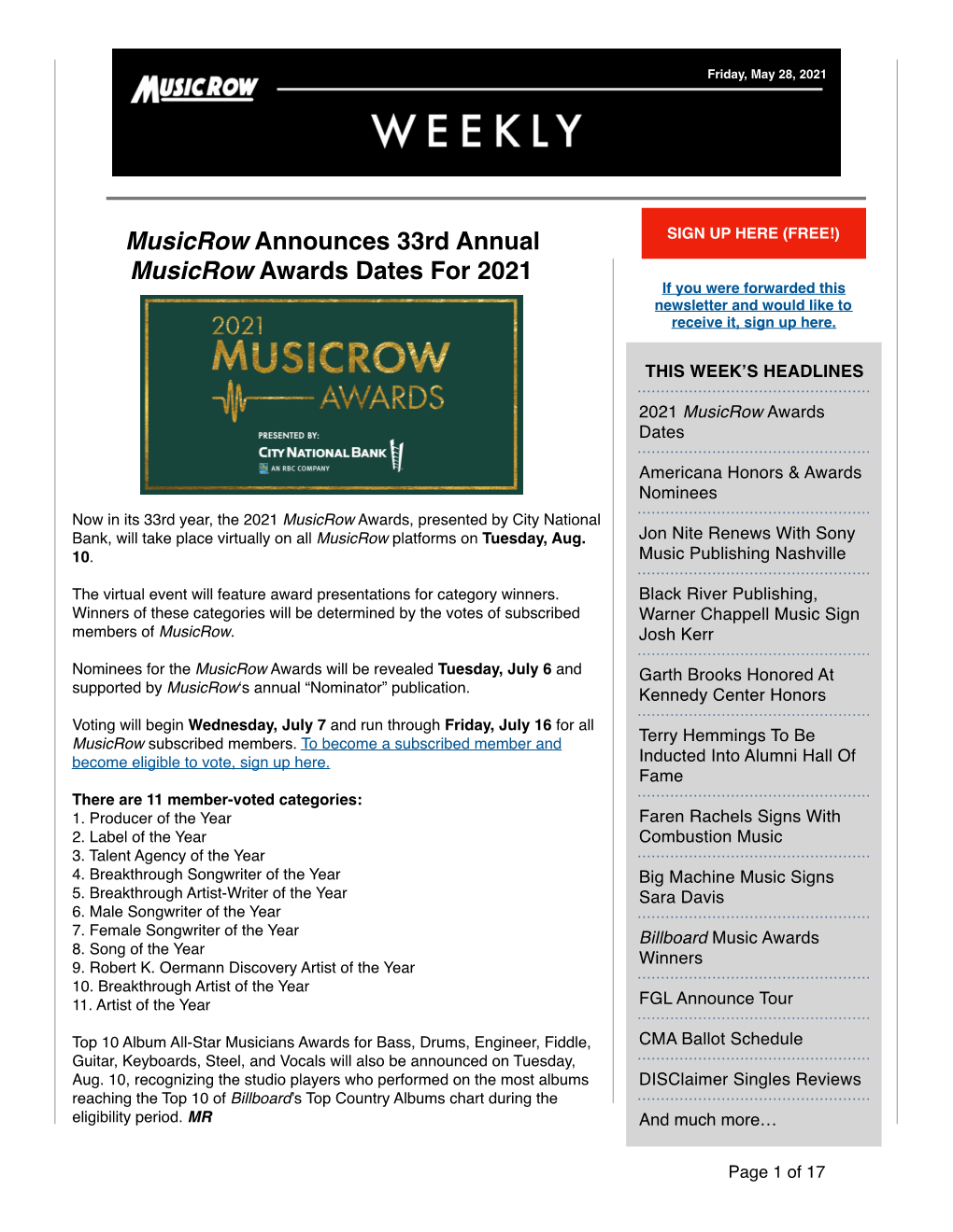 May 28, 2021 the Musicrow Weekly Friday, May 28, 2021