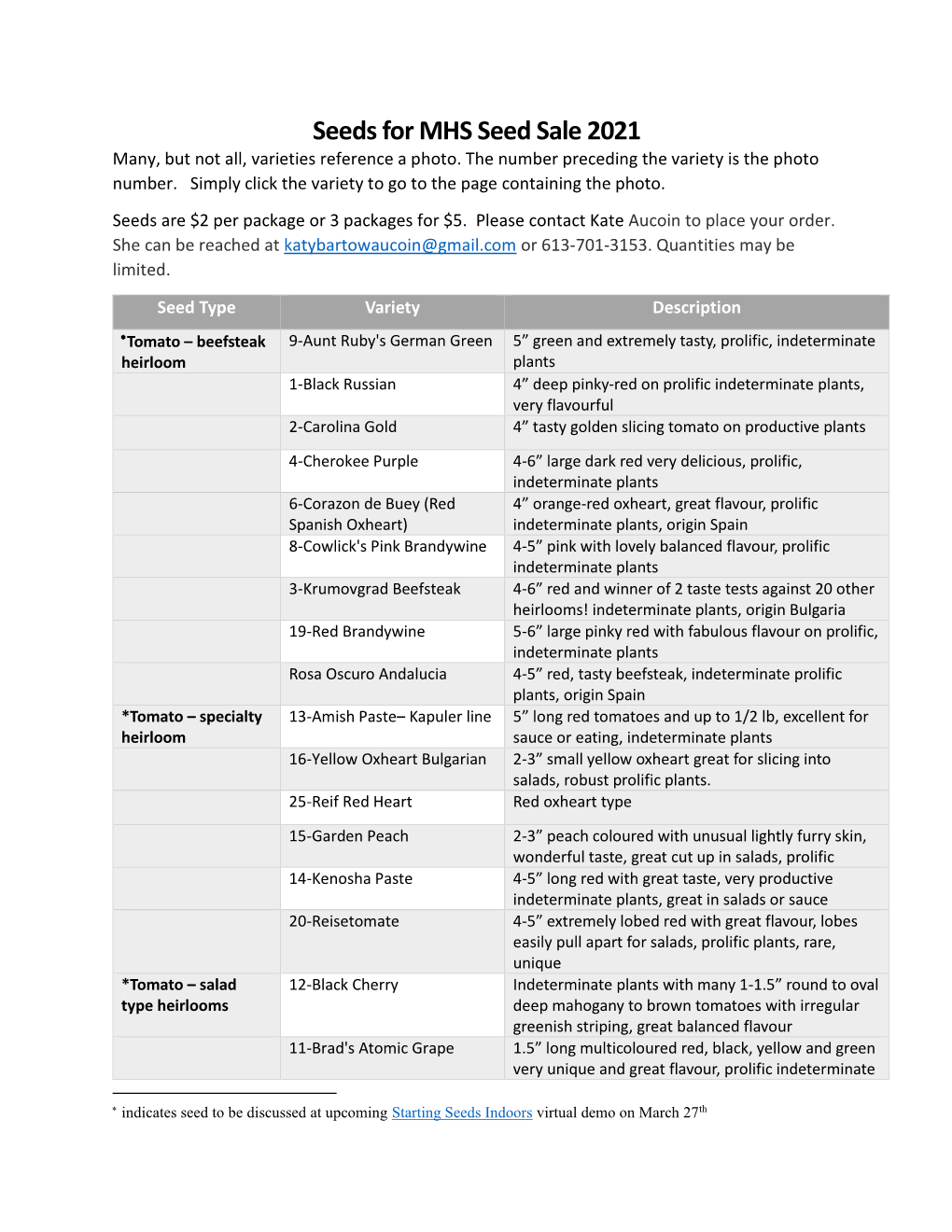 Seeds for MHS Seed Sale 2021 Many, but Not All, Varieties Reference a Photo