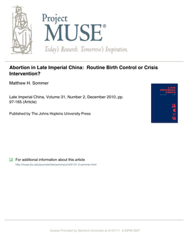 Abortion in Late Imperial China: Routine Birth Control Or Crisis Intervention?