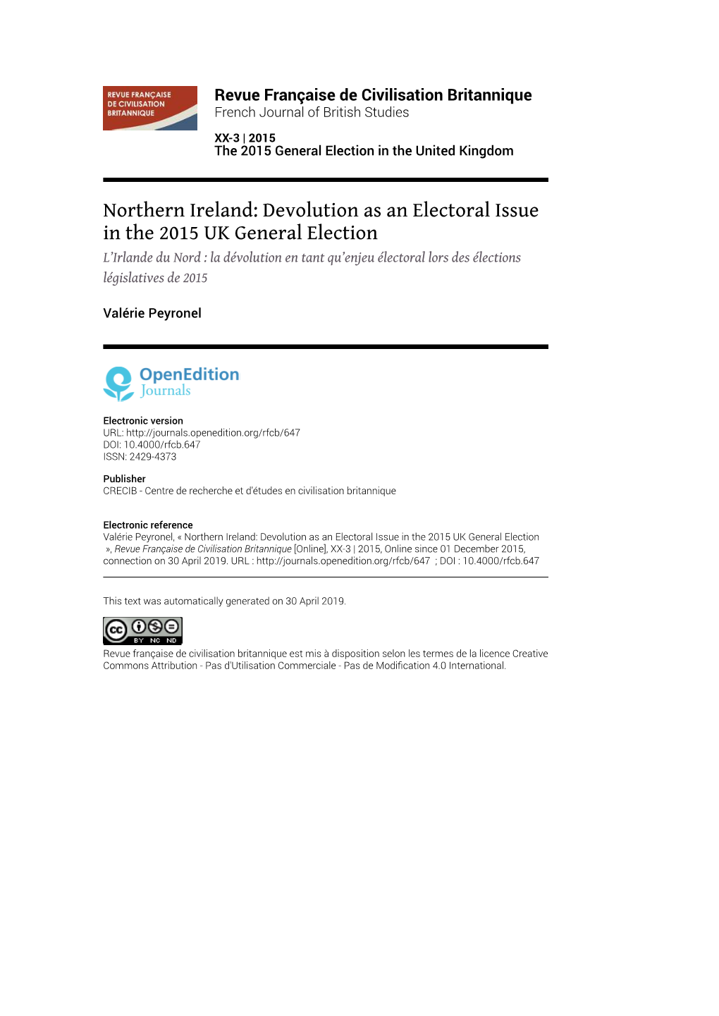 Revue Française De Civilisation Britannique, XX-3 | 2015 Northern Ireland: Devolution As an Electoral Issue in the 2015 UK General Ele