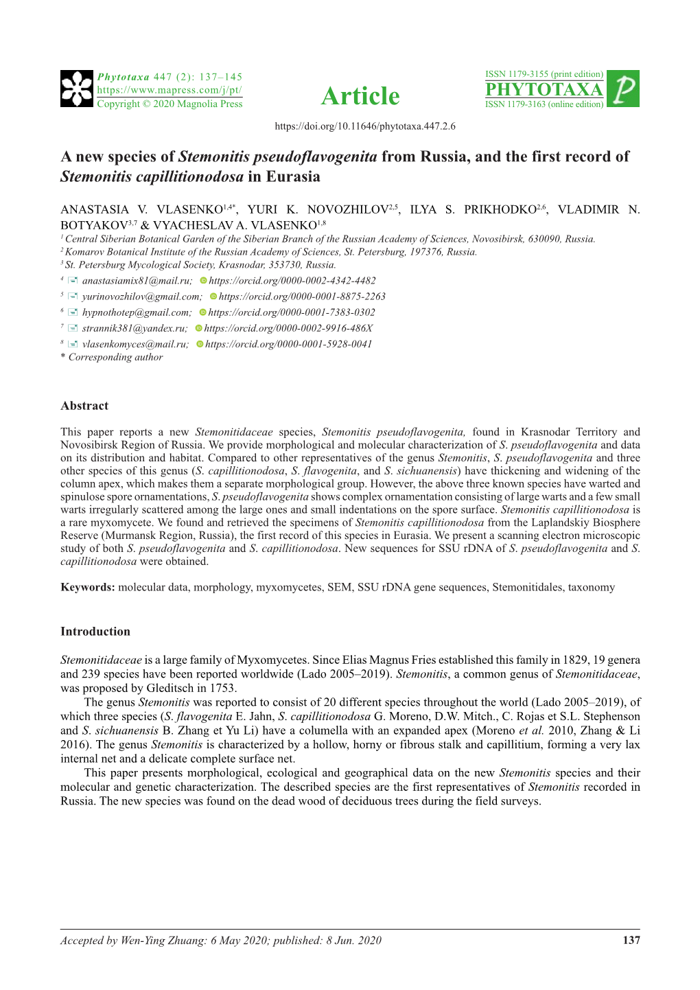 A New Species of Stemonitis Pseudoflavogenita from Russia, and the First Record of Stemonitis Capillitionodosa in Eurasia