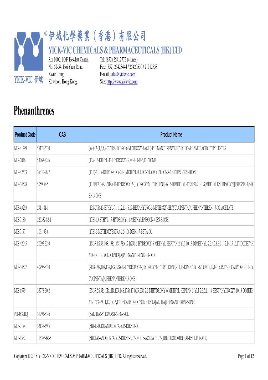 伊域化學藥業（香港）有限公司 Phenanthrenes