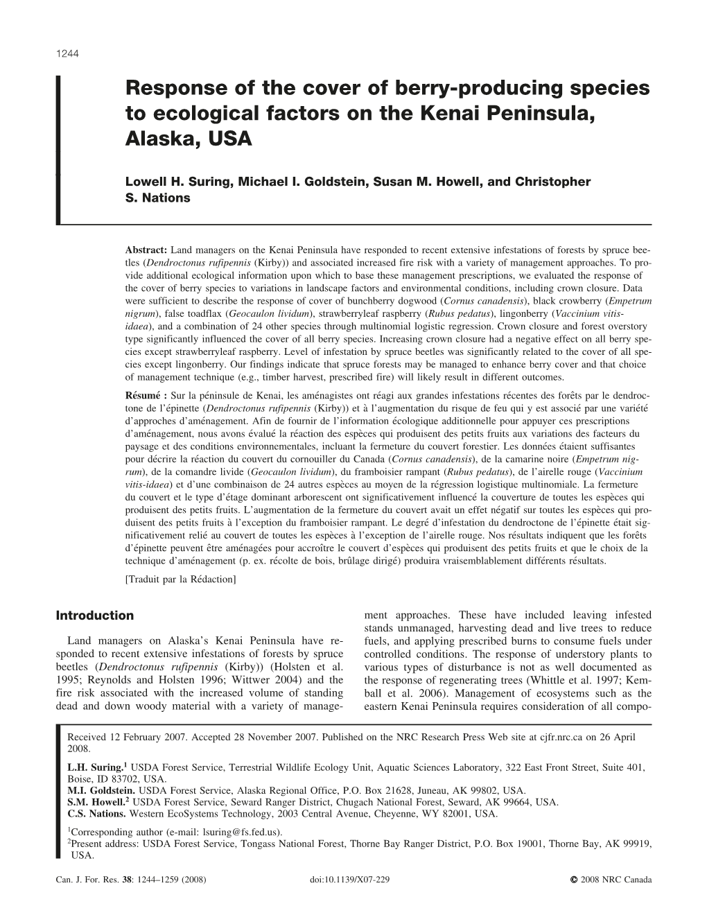 Response of the Cover of Berry-Producing Species to Ecological Factors on the Kenai Peninsula, Alaska, USA