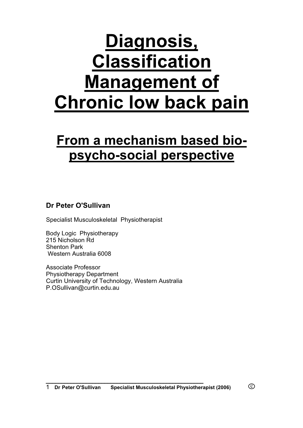 Diagnosis, Classification Management Of Chronic Low Back Pain - DocsLib