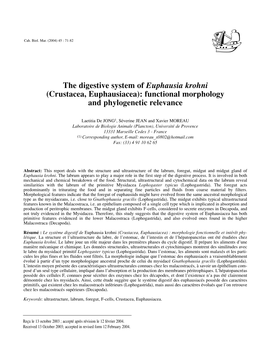 The Digestive System of Euphausia Krohni (Crustacea, Euphausiacea): Functional Morphology and Phylogenetic Relevance