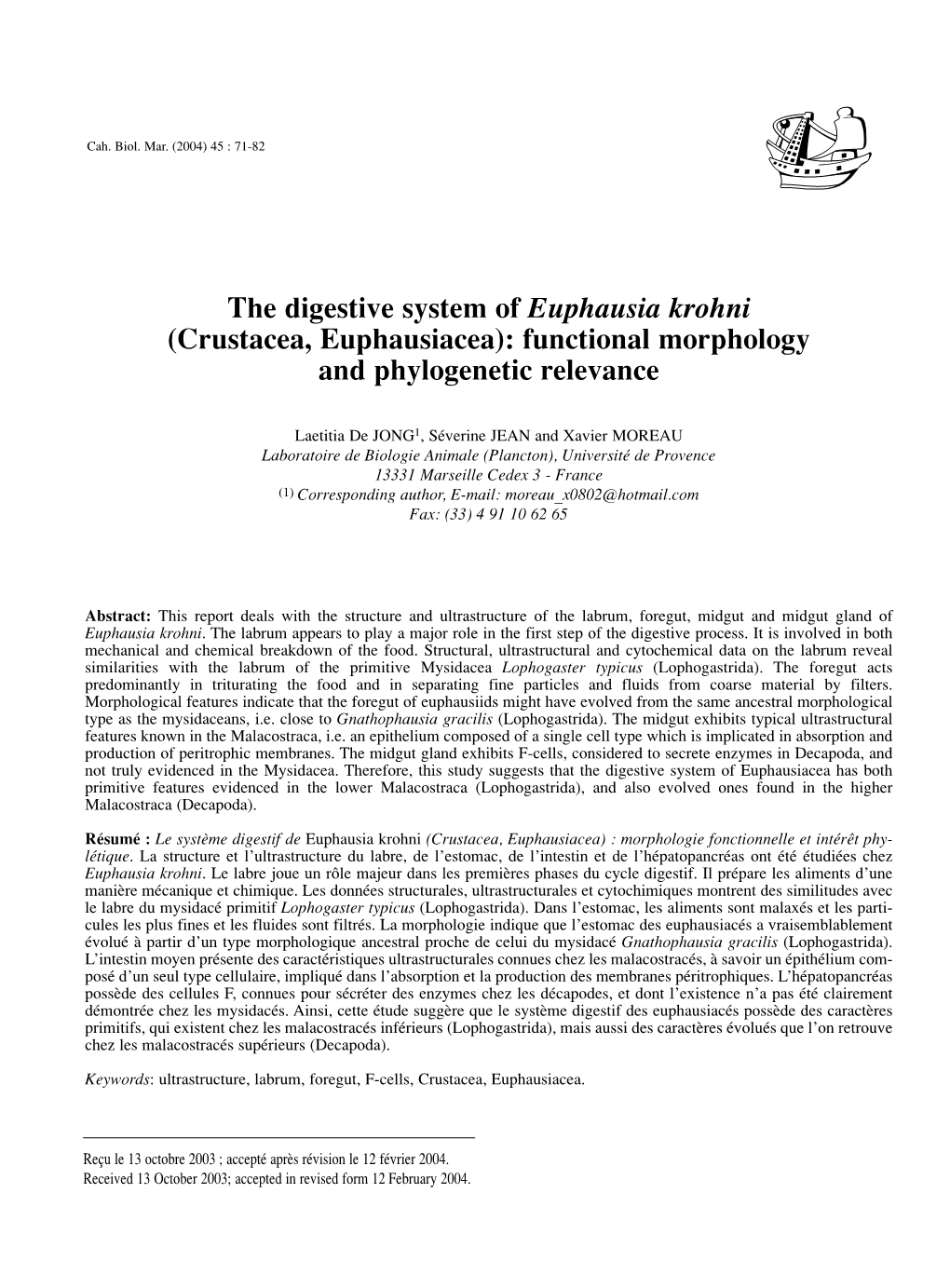 The Digestive System of Euphausia Krohni (Crustacea, Euphausiacea): Functional Morphology and Phylogenetic Relevance