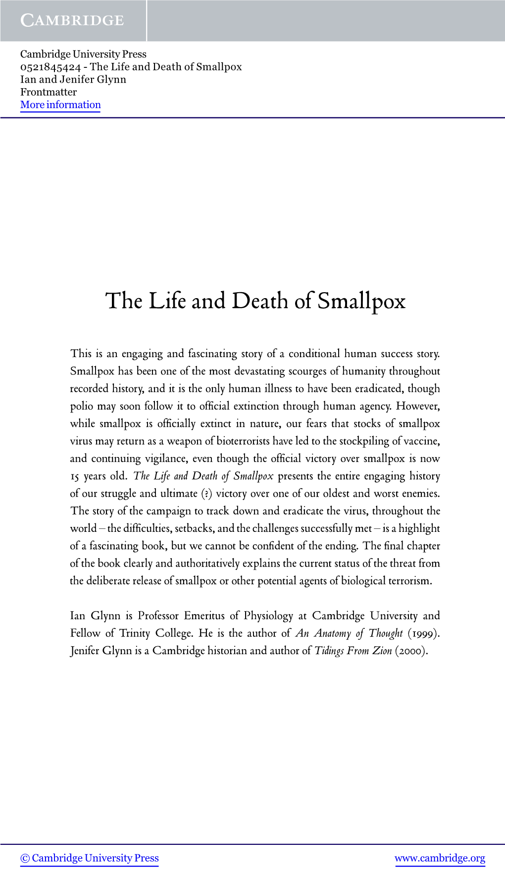 The Life and Death of Smallpox Ian and Jenifer Glynn Frontmatter More Information