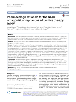 Pharmacologic Rationale for the NK1R Antagonist, Aprepitant As Adjunctive Therapy in HIV Jeffrey S