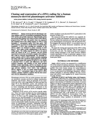 Monocyte-Derived Plasminogen Activator Inhibitor (Serine Protease Inhibitor/Urokinase/Cdna Cloning/Bacterial Expression) T