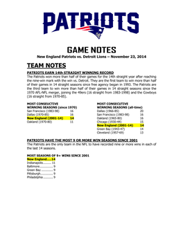 Patriots at Philadelphia Game Notes