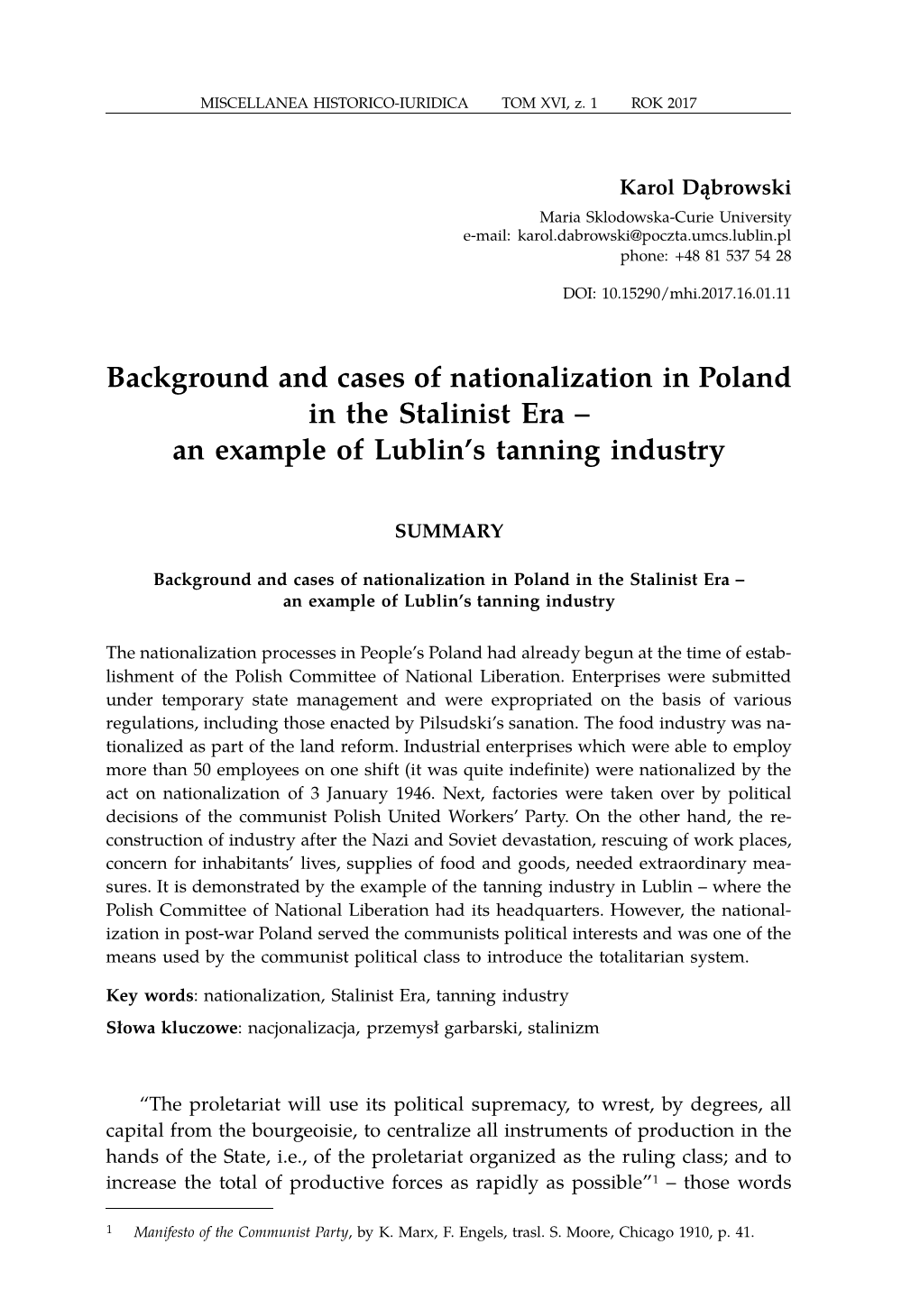 Background and Cases of Nationalization in Poland in the Stalinist Era – an Example of Lublin’S Tanning Industry