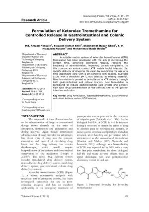 Formulation of Ketorolac Tromethamine for Controlled Release in Gastrointestinal and Colonic Delivery System