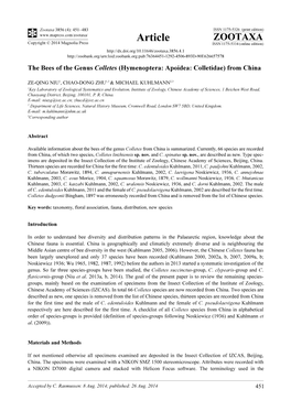 The Bees of the Genus Colletes (Hymenoptera: Apoidea: Colletidae) from China