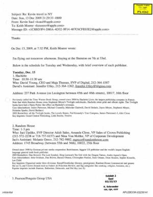 Trial Exhibit PX-0262 : E-Mail from Kevin Saul to Keith Moerer Re "Kevin Travel to NY" : U.S. V. Apple, Et
