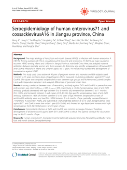 Seroepidemiology of Human Enterovirus71 and Coxsackievirusa16 in Jiangsu Province, China