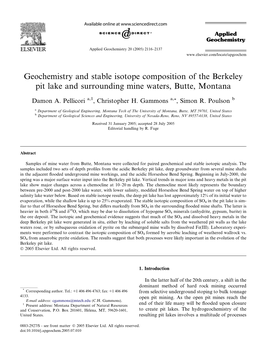 Geochemistry and Stable Isotope Composition of the Berkeley Pit Lake and Surrounding Mine Waters, Butte, Montana