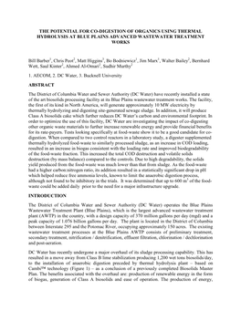 The Potential for Co-Digestion of Organics Using Thermal Hydrolysis at Blue Plains Advanced Wastewater Treatment Works