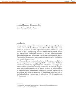 Critical Systems Librarianship Simon Barron and Andrew Preater