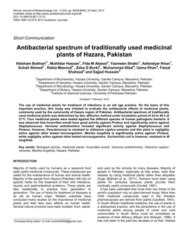 Antibacterial Spectrum of Traditionally Used Medicinal Plants of Hazara, Pakistan