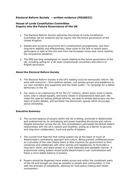 Electoral Reform Society – Written Evidence (FGU0022) House of Lords Constitution Committee Inquiry Into the Future Governanc