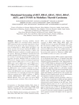 Mutational Screening of RET, HRAS, KRAS, NRAS, BRAF, AKT1, and CTNNB1 in Medullary Thyroid Carcinoma