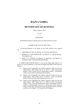 Rajya Sabha —— Revised List of Business