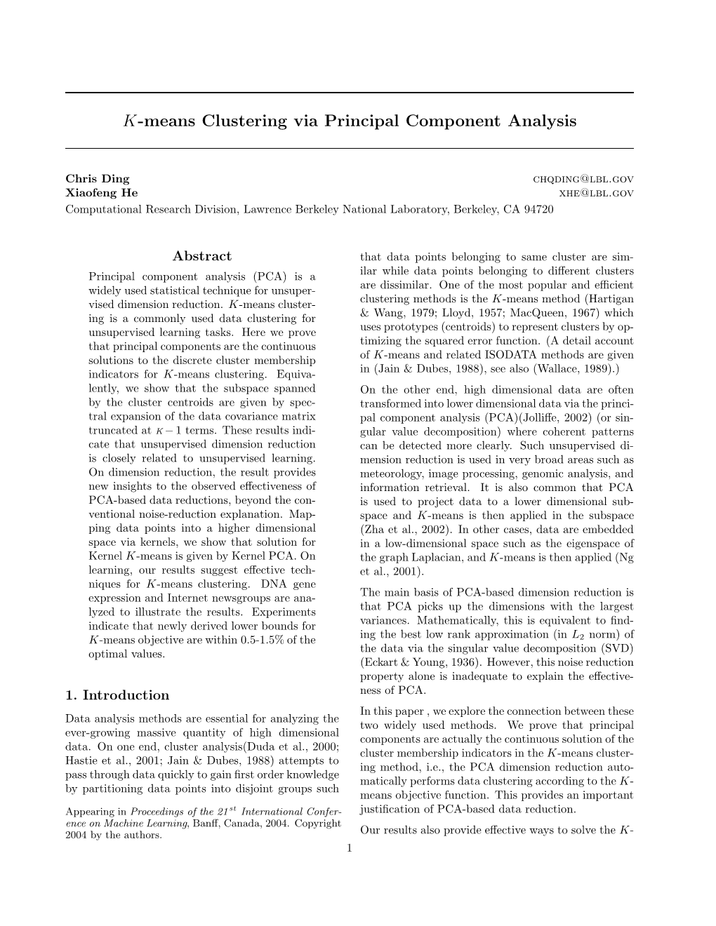 K-Means Clustering Via Principal Component Analysis