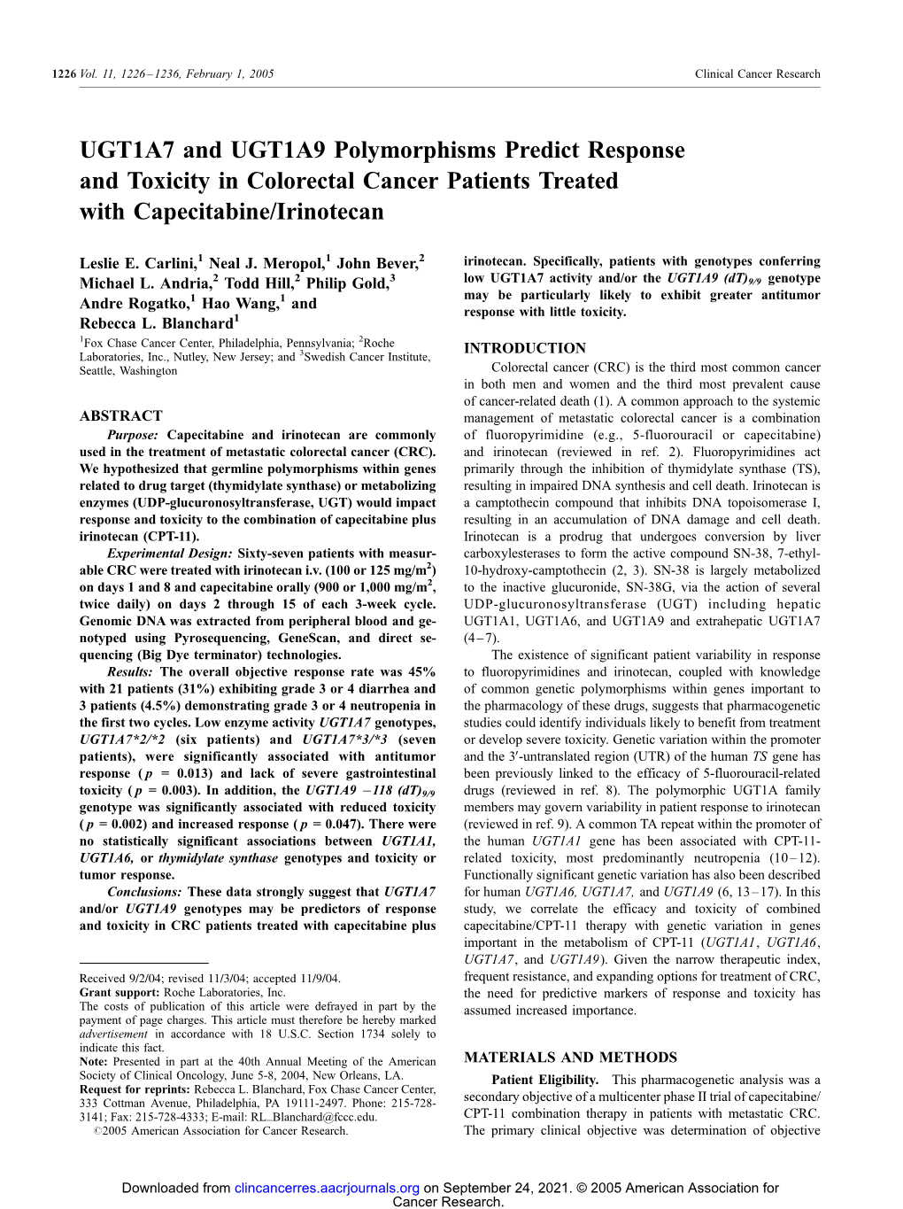 UGT1A7 and UGT1A9 Polymorphisms Predict Response and Toxicity in Colorectal Cancer Patients Treated with Capecitabine/Irinotecan