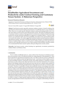 Smallholder Agricultural Investment and Productivity Under Contract Farming and Customary Tenure System: a Malawian Perspective