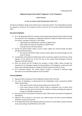 Interim Results for the Six Months Ended 30 September 2019 ("H1") the Board of Hipgnosis Songs Fund Limited and Its In