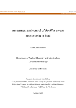 Assesment and Control of Bacillus Cereus Emetic Toxin in Food