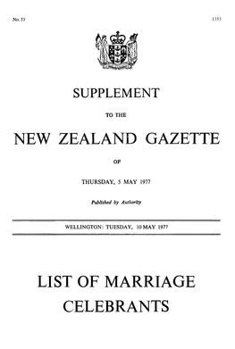 New Zealand Gazette List of Marriage Celebrants