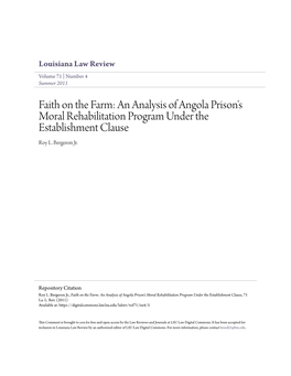 Faith on the Farm: an Analysis of Angola Prison's Moral Rehabilitation Program Under the Establishment Clause Roy L
