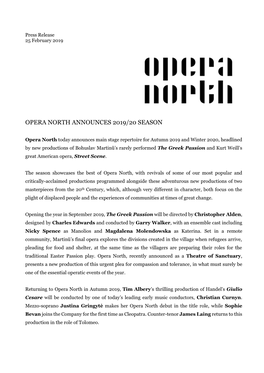 Opera North Announces 2019/20 Season