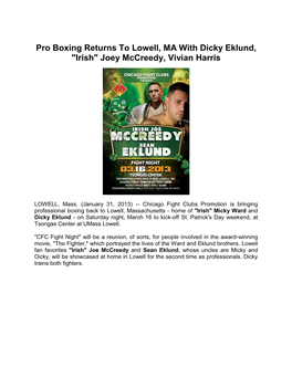 Pro Boxing Returns to Lowell, MA with Dicky Eklund, "Irish" Joey Mccreedy, Vivian Harris