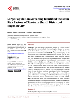 Large Population Screening Identified the Main Risk Factors of Stroke in Shashi District of Jingzhou City