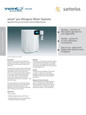 Arium® Pro Ultrapure Water Systems Application-Orientated and Flexible to Meet the Highest Demands