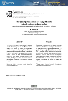 The Teaching Management and Study of Hadith: Method, Contents, and Approaches La Gestión De La Enseñanza Y El Estudio De Hadith: Método, Contenidos Y Enfoques