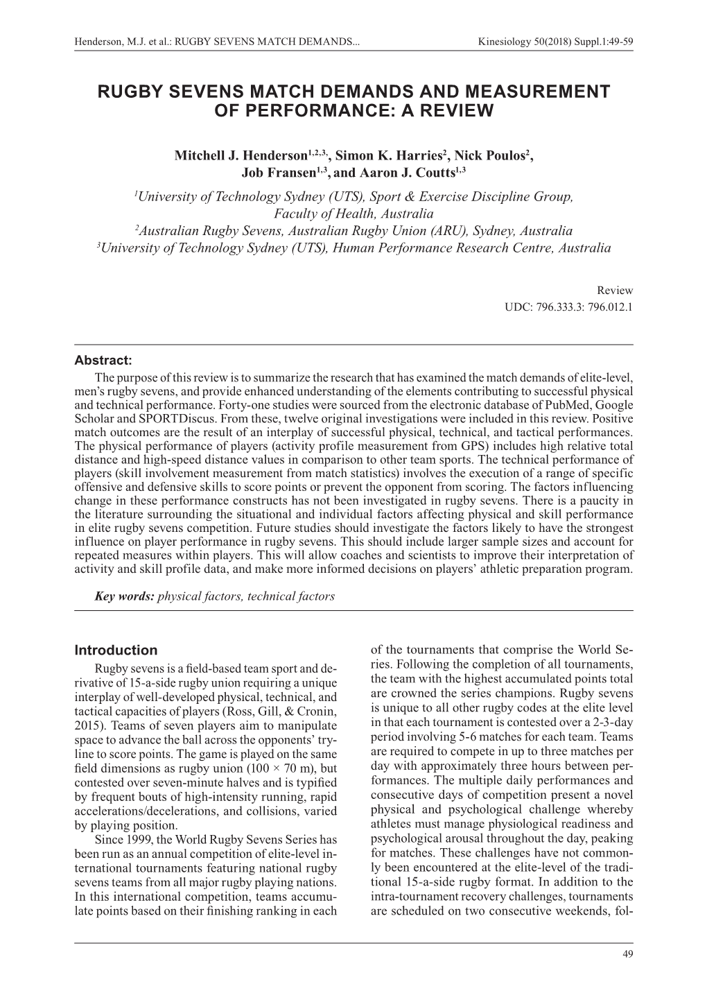 Rugby Sevens Match Demands and Measurement of Performance: a Review