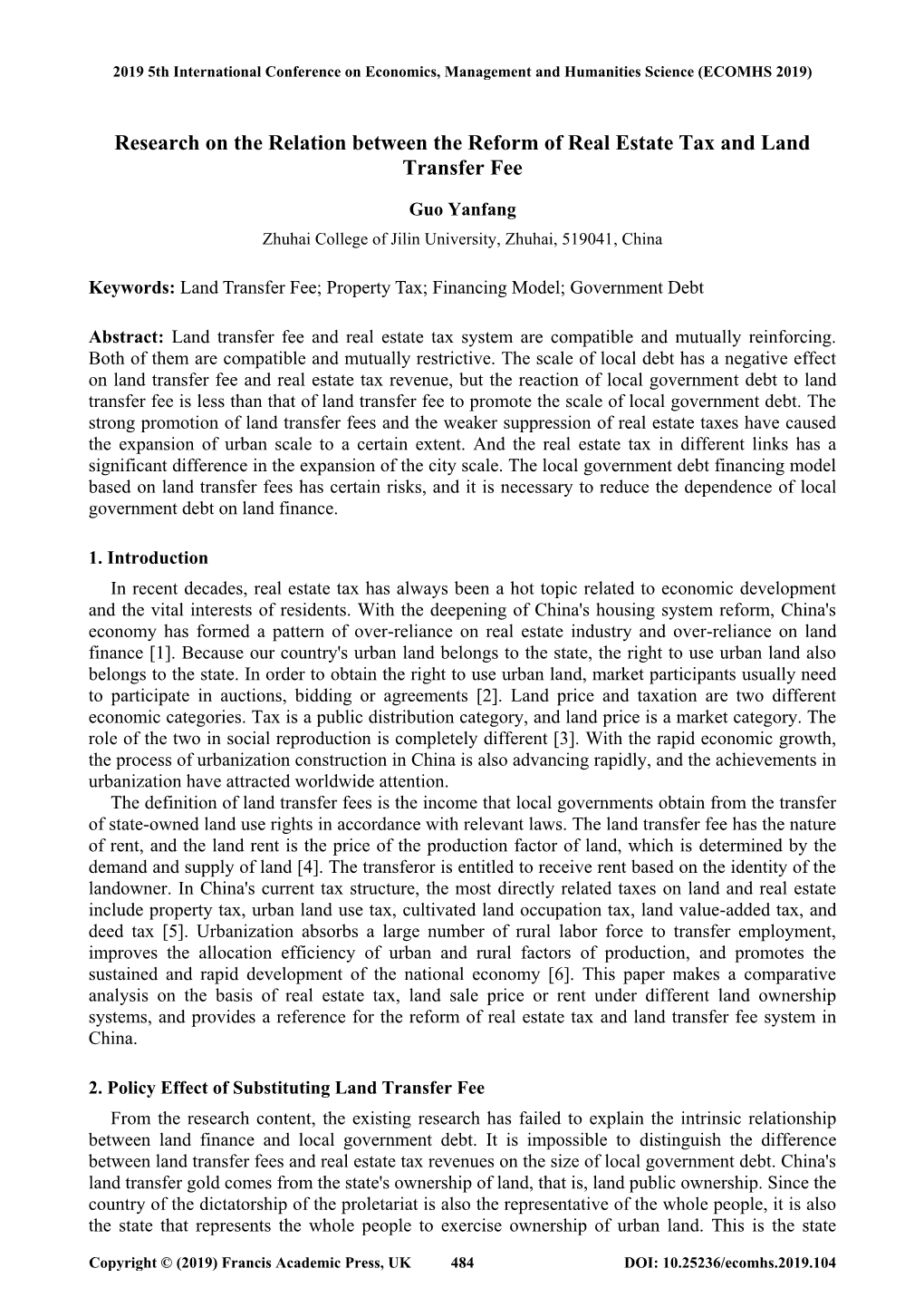 Research on the Relation Between the Reform of Real Estate Tax and Land Transfer Fee