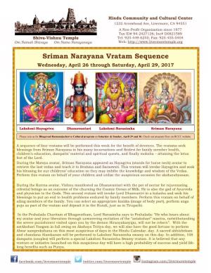 Sriman Narayana Vratam Sequence Wednesday, April 26 Through Saturday, April 29, 2017