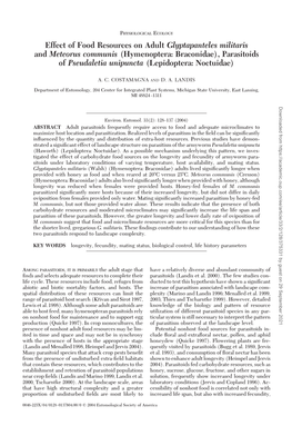 Effect of Food Resources on Adult Glyptapanteles Militaris And