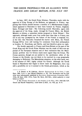 The Greek Proposals for an Alliance with France and Great Britain, June - July 1907