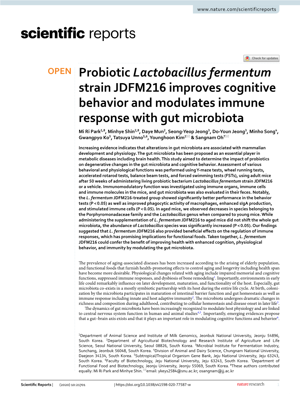 Probiotic Lactobacillus Fermentum Strain JDFM216 Improves Cognitive