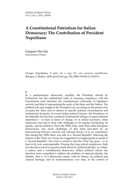 A Constitutional Patriotism for Italian Democracy: the Contribution of President Napolitano